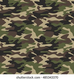 Camouflage pattern background seamless vector illustration. Classic clothing style masking camo repeat print. Green brown black olive colors forest texture svg