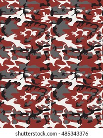Camouflage pattern background seamless vector illustration. Classic clothing style masking camo repeat print. Red black gray white colors forest texture