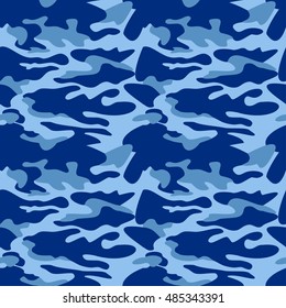 Camouflage pattern background seamless vector illustration. Classic clothing style masking camo repeat print. Blue colors marines texture