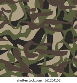 Camouflage pattern background seamless vector illustration. Classic clothing style masking camo repeat print. Green brown black olive colors forest texture