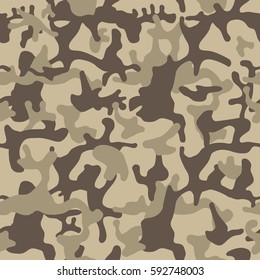 Camouflage pattern background seamless vector illustration. Classic clothing style masking camo repeat print. Beige, brown, ocher colors forest texture. 