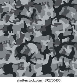 Camouflage pattern background seamless vector illustration. Classic clothing style masking camo repeat print. grey black and white.
