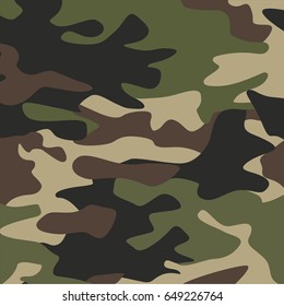 Camouflage pattern background seamless vector illustration. Classic clothing style masking repeat print. Green brown black olive colors forest texture