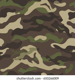 Camouflage pattern background seamless vector illustration. Classic clothing style masking  repeat print. Green brown black olive colors forest texture