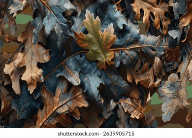 A camouflage pattern background with tree branches and leaves, made of oak wood