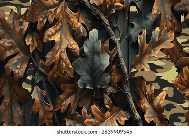 A camouflage pattern background with tree branches and leaves, made of oak wood