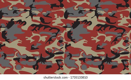 Camouflage pattern background vector. Classic clothing style masking camo repeat print. Virtual background for online conferences, online transmissions. Red grey black colors marine texture