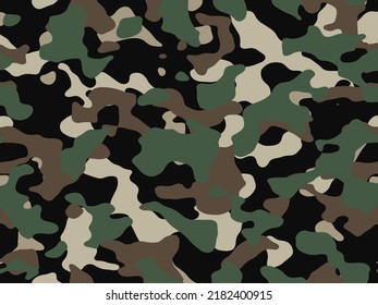 Camouflage pattern background vector. Classic clothing style masking camo repeat print. Virtual background for online conferences, online transmissions. Green brown black olive colors forest texture