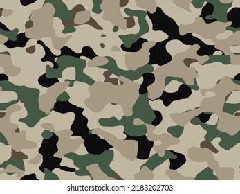 Camouflage pattern background vector. Classic clothing style masking camo repeat print. Virtual background for online conferences, online transmissions. Green brown black olive colors forest texture