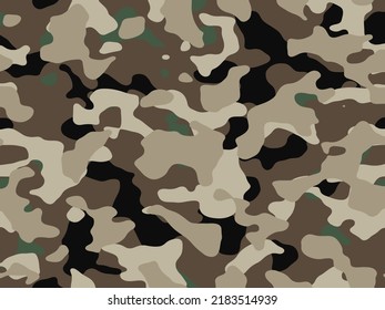 Camouflage pattern background vector. Classic clothing style masking camo repeat print. Virtual background for online conferences, online transmissions. Green brown black olive colors forest texture