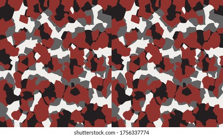 Vector de fondo de patrón de camuflaje. Estilo militar enmascarando ropa de camo repite la impresión. Antecedentes virtuales para conferencias en línea, transmisiones en línea. Colores blancos rojos pared de textura geométrica