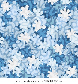 Camouflage pattern background. Winter decorative clothing style masking camo repeat print. Cold white blue halftones colored urban, naval or airforce texture. Design element. Vector illustration.