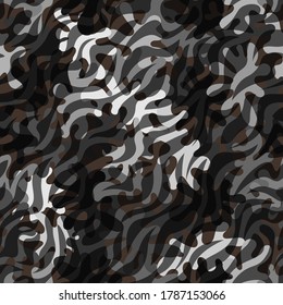 Fondo del patrón de camuflaje. Estilo de ropa de cebra enmascarando la huella repetida de camo. Negro. la textura de color gris y blanco es de color medio. Elemento de diseño. Ilustración del vector