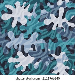 Fondo del patrón de camuflaje. Estilo de ropa de cebra enmascarando la huella repetida de camo. Colores azul cielo de textura urbana, marina o aérea. Elemento de diseño. Ilustración vectorial.