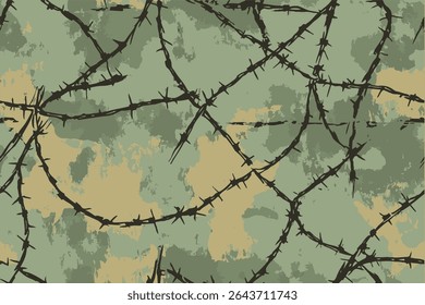 Padrão de camuflagem com arame farpado, projetado para uso militar ou de sobrevivência. O fundo é uma mistura de verde floresta e tons de terra perfeitos para a caça, treinamento e uso militar, misturando perfeitamente