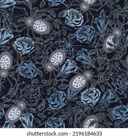 Camouflage pattern with blue roses, spiders made of silver metallic jewelry chain, spiderweb behind. Dense random composition with overlapping elements. Good for apparel, fabric, textile, sport goods.