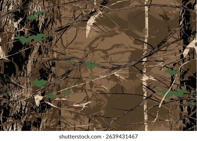 Camouflage pattern with branches and leaves, featuring the colors of green and brown.Camouflage seamless pattern. Forest real tree camouflage design. Hunting camouflage.
