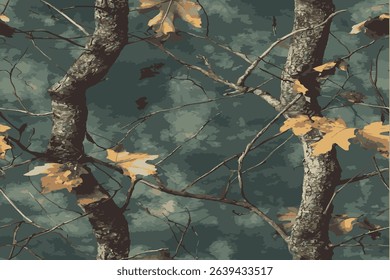 A camouflage pattern with branches and leaves, featuring the colors of green and brown.Real tree forest camouflage seamless pattern design pattern for hunting and military uniform. Hunting camouflage.