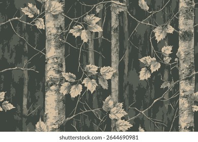 Um padrão de camuflagem com folhas marrons e verdes nos galhos, troncos de árvores verdes e um fundo cinza escuro.Ilustração de vetor, adequado para atividades militares e ao ar livre.