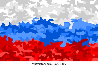 Camouflage pattern in colors of Russia - metaphor of Russian army, military power and armed forces 