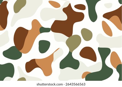 Camouflage pattern composed of brown, green, and white shapes in an abstract form. The background is plain white with no text or images, creating a minimalist effect.