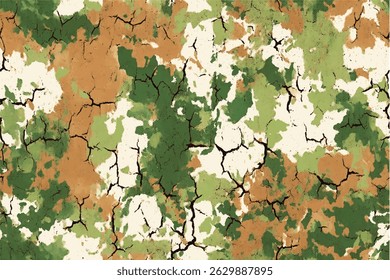 A camouflage pattern composed of earth tones and green, with large cracks in the background, designed for military camouflaging purposes. Seamless texture for military inspired designs.