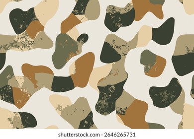 A camouflage pattern composed of various shades and shapes, designed to mimic the appearance of military camouflage.The background is white with brown, green, beige, and olive colors