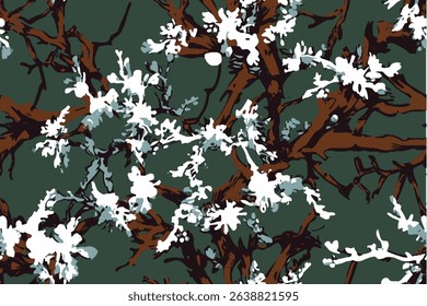 A camouflage pattern composed of white, brown, and green colors with an olive drab background.Camouflage seamless pattern. Forest real tree design. Hunting camouflage.Tree camouflage 