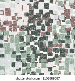 Camouflage pattern designed for fashion. A seamless texture consists of chaos of colors. On an abstract background there is a network of randomly scribbled squares.