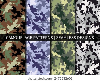 Camouflage Pattern Designs for Fabric Prints, Textiles, Wallpapers and Backgrounds. Seamless Vector Patterns