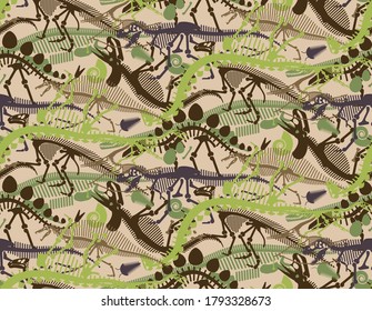 Camouflage Pattern with Dinosaur Skeletons. Vector Illustration.