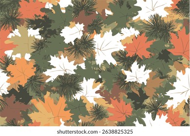 A camouflage pattern featuring the colors of autumn leaves and pine trees, with small tree trunks visible in between for texture.