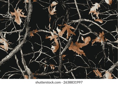 A camouflage pattern featuring tree branches and leaves, with the main color being green, brown, white, or grey.A seamless camouflage pattern inspired by forest terrain, ideal for hunting and military
