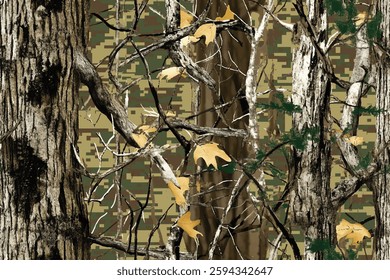 Camouflage pattern. Forest seamless pattern. Branches, green, brown leaves. Useable for hunting and military purposes.