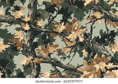 A camouflage pattern with green and brown leaves on the branches.Hunting camouflage with tree for hunting and military. Hunting camouflage seamless pattern design. Vector hunting camo background.