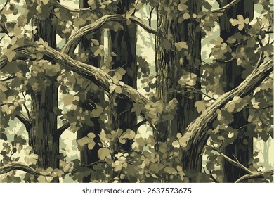 A camouflage pattern with green and brown leaves on the branches. Real tree forest camouflage seamless pattern design pattern for hunting and military uniform. Hunting camouflage background. 