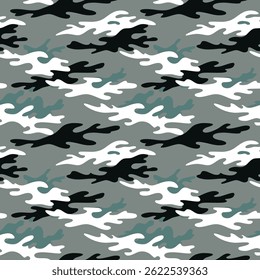Camouflage pattern with green, gray, black, and white colors, seamless design for military and outdoor use	