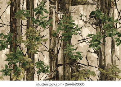Um padrão de camuflagem com folhas verdes e troncos de árvores marrons, projetado para a caça. O fundo é uma cena de floresta com árvores altas e folhagem.Caça camuflagem