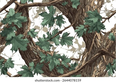 Um padrão de camuflagem com folhas de bordo verde nos ramos, em cima da casca de árvore marrom.Vetor caça projeto de camuflagem. Padrão contínuo. Fundo de caça. Floresta. Textura da selva. 