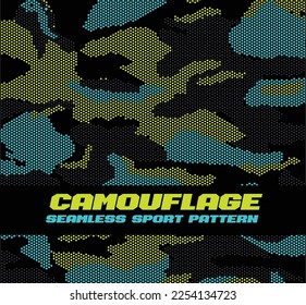 camouflage pattern hexagon seamless background, sporty blue turquoise yellow black colour combination printing design sporty fishing extreme sport