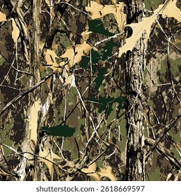 Camouflage pattern. Hunting camouflage background. Digital camo. Abstract grunge camouflage. Tree pattern. Jungle background. Forest Texture. Real tree pattern. Seamless pattern