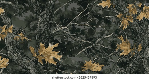 Camouflage pattern. Hunting camouflage background. Seamless pattern. Digital camouflage. Real tree pattern. Vector camouflage texture. Jungle pattern. Forest background.