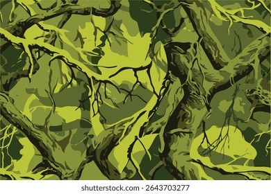 A camouflage pattern with intricate tree branches and roots, using olive green as the dominant color.Camouflage seamless pattern. Hunting camouflage background. Vector tree hunting camouflage.