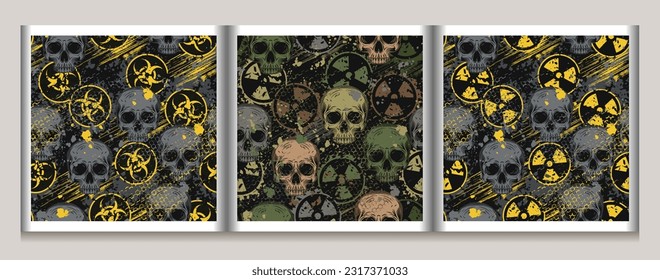 Camouflage pattern with ionizing radiation symbol, paint brush strokes, skull, hexagon net, paint blots. Concept of danger of nuclear weapon. Grunge texture