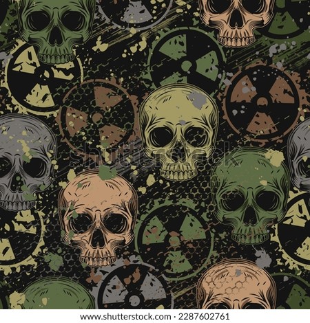Camouflage pattern with ionizing radiation symbol, paint brush strokes, skull, hexagon net, paint blots. Concept of danger of nuclear weapon. Grunge texture