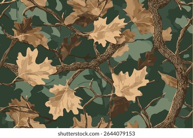 Um padrão de camuflagem com folhas e ramos, projetado para caçar na floresta. O fundo é uma floresta verde com folhagem marrom e troncos de árvores