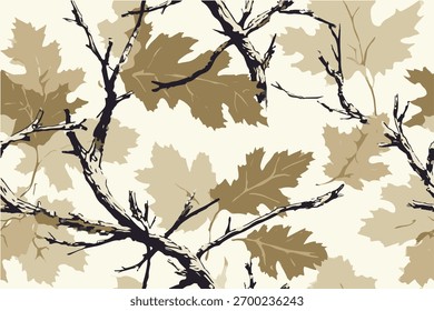 Padrão de camuflagem com folhas e galhos, projetado para a caça na selva.Padrão de projeto de padrão sem costura de camuflagem de floresta árvore para a caça e uniformes militares. Caça à camuflagem.