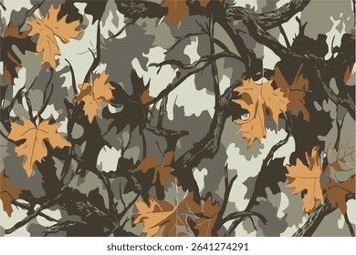 A camouflage pattern with leaves and branches in earth tones, designed for military or hunting-themed designs.Hunting camouflage background. Vector camouflage texture
