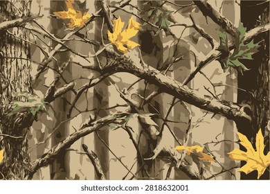 a camouflage pattern with leaves and branches, perfect for hunting-themed fabrics or accessories