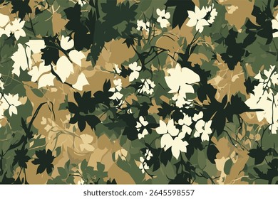A camouflage pattern with leaves and flowers, designed for hunting or outdoor activities.Hunting camouflage modern pattern, vector military print. real tree forest camouflage seamless pattern. 